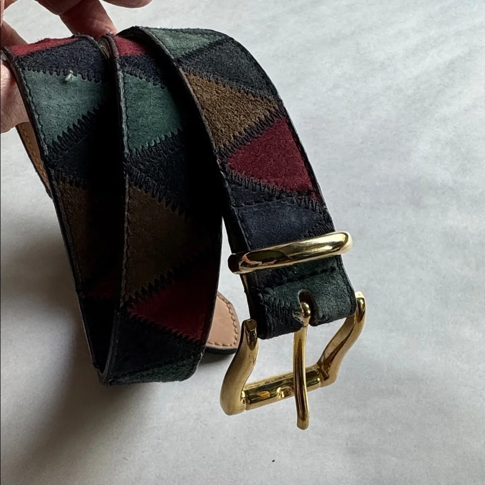 VTG Multi Color Patchwork Genuine Leather Belt Womens 38’ Boho hippie Festival